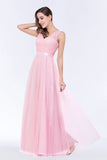 Elegant Tulle V-Neck Sleeveless Ruffle Long Bridesmaid Dress with Sash