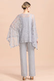 Elegant V-Neck Appliques Silver Mother of Bride Jumpsuit with Lace Wraps