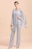 Elegant V-Neck Appliques Silver Mother of Bride Jumpsuit with Lace Wraps