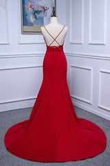 Elegant V-Neck Burgundy Prom Dresses Spaghetti Straps with Beadings Sash