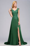 Elegant V-Neck Dark Green Lace Bridesmaid Dresses with Front-Slit