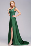 Elegant V-Neck Dark Green Lace Bridesmaid Dresses with Front-Slit