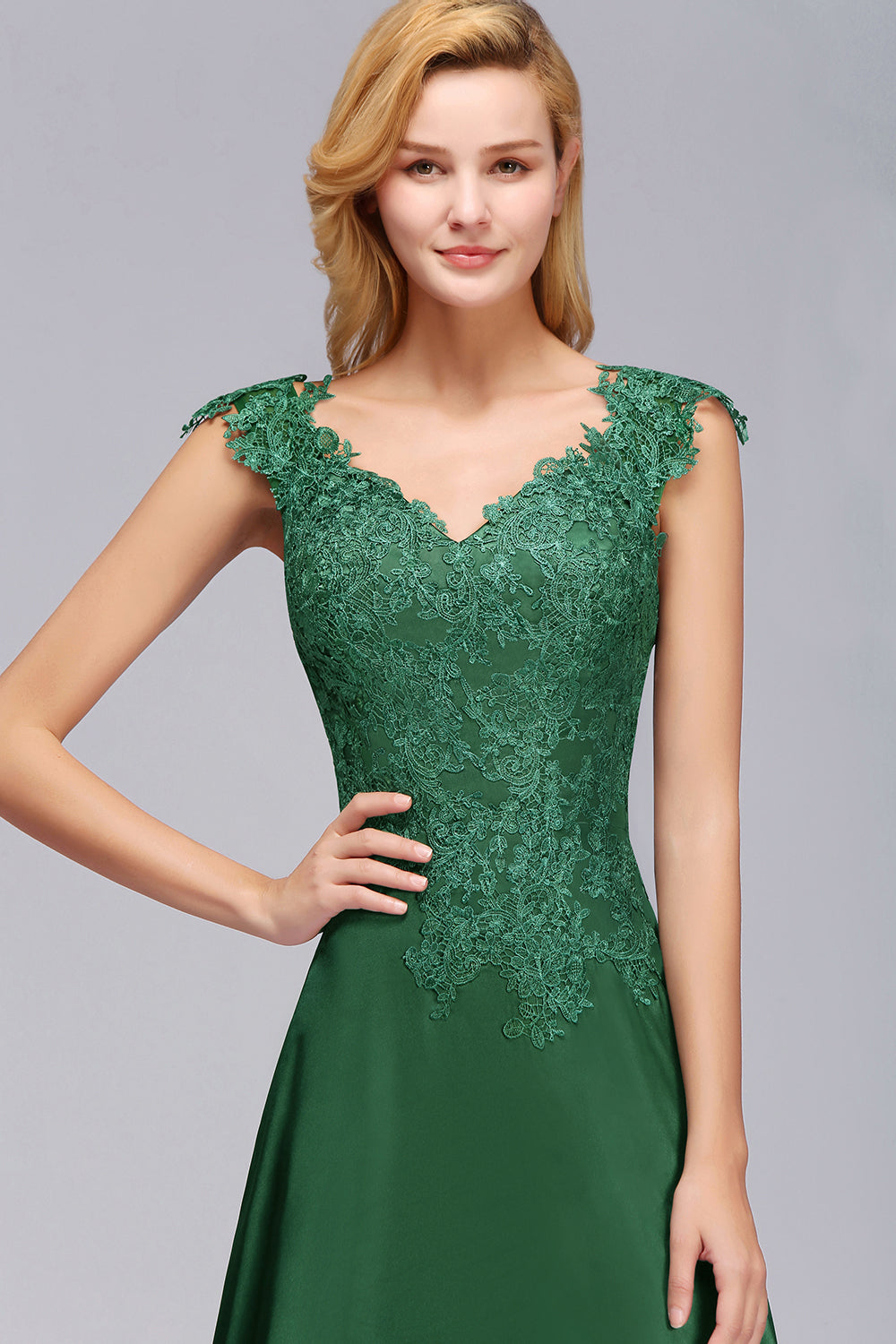 Elegant V-Neck Dark Green Lace Bridesmaid dresses with Front-Slit Newinlook Elegant V-Neck Dark Green Lace Bridesmaid dresses with Front-Slit Newinlook