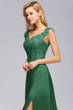 Elegant V-Neck Dark Green Lace Bridesmaid Dresses with Front-Slit
