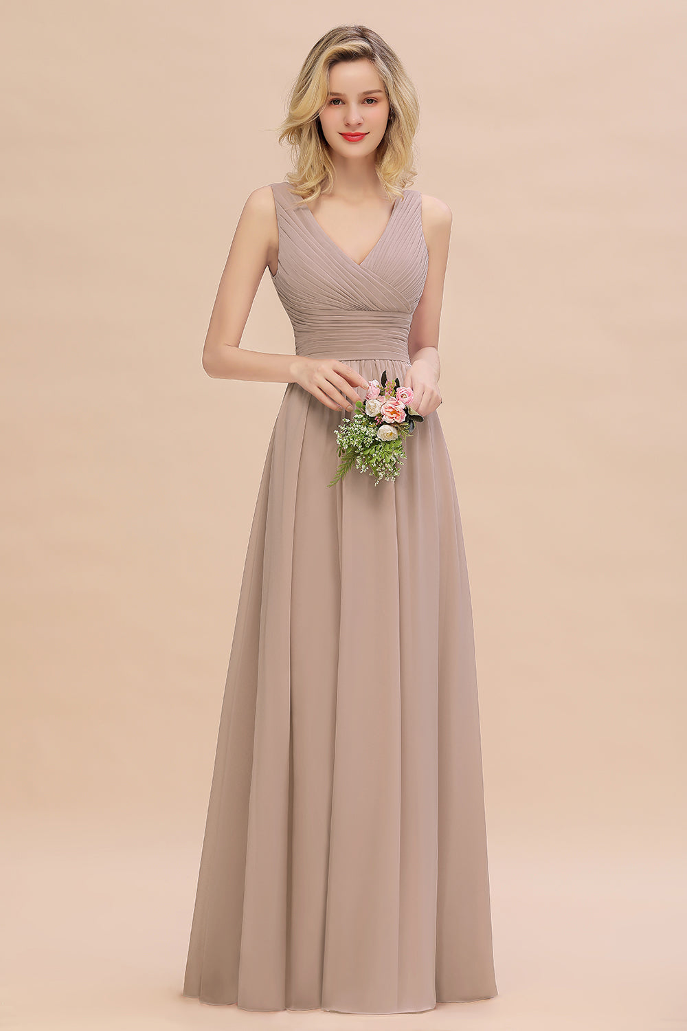 Elegant V-Neck Dusty Rose Chiffon Bridesmaid Dress with Ruffle