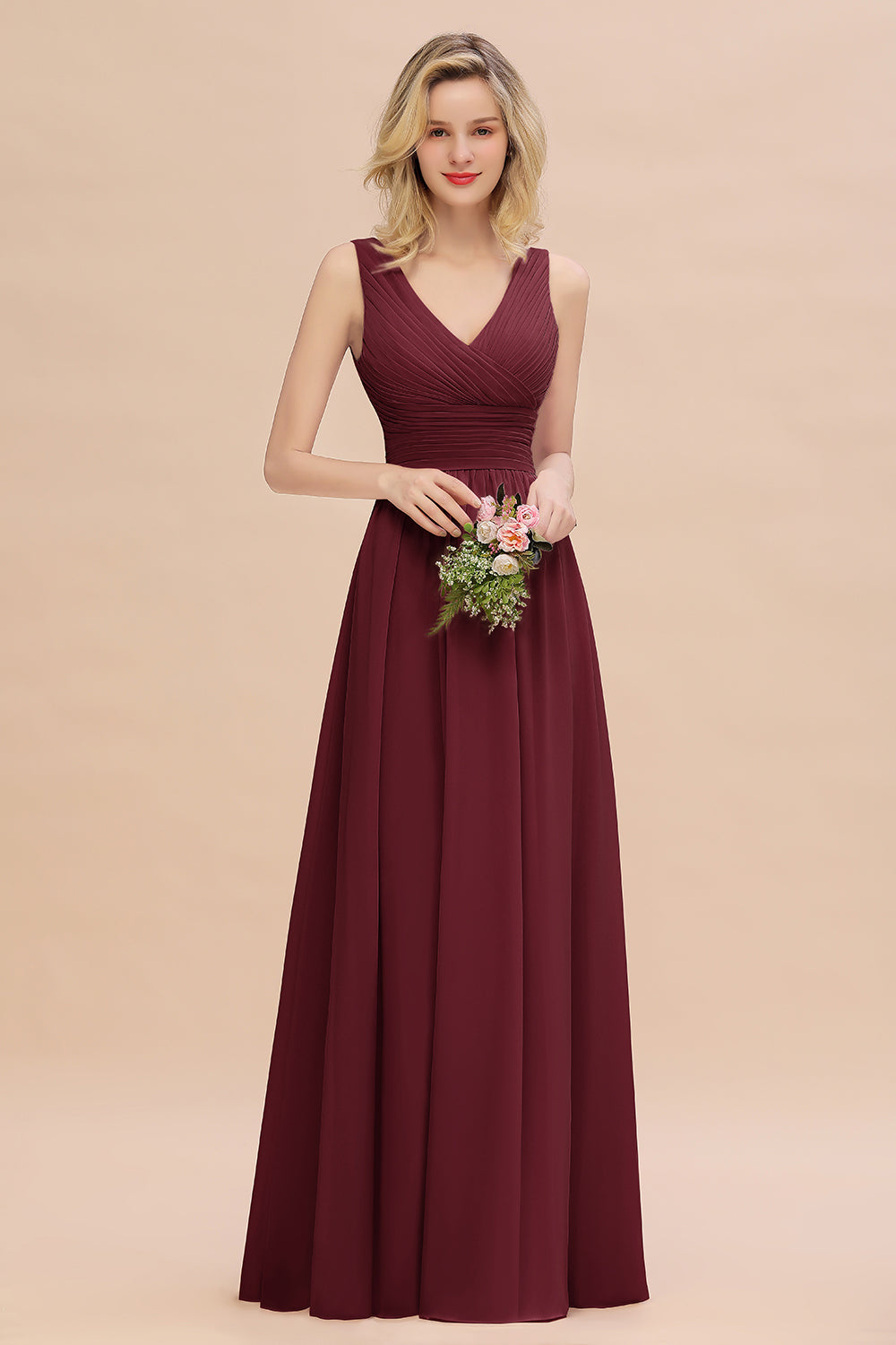 Elegant V-Neck Dusty Rose Chiffon Bridesmaid Dress with Ruffle