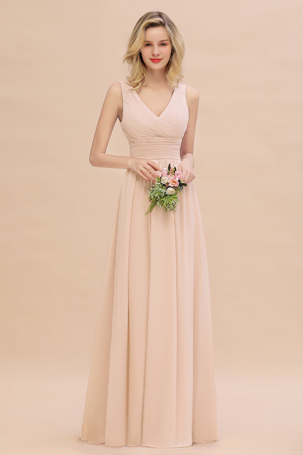 Elegant V-Neck Dusty Rose Chiffon Bridesmaid Dress with Ruffle