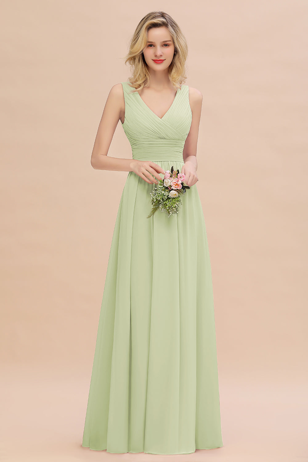 Elegant V-Neck Dusty Rose Chiffon Bridesmaid Dress with Ruffle