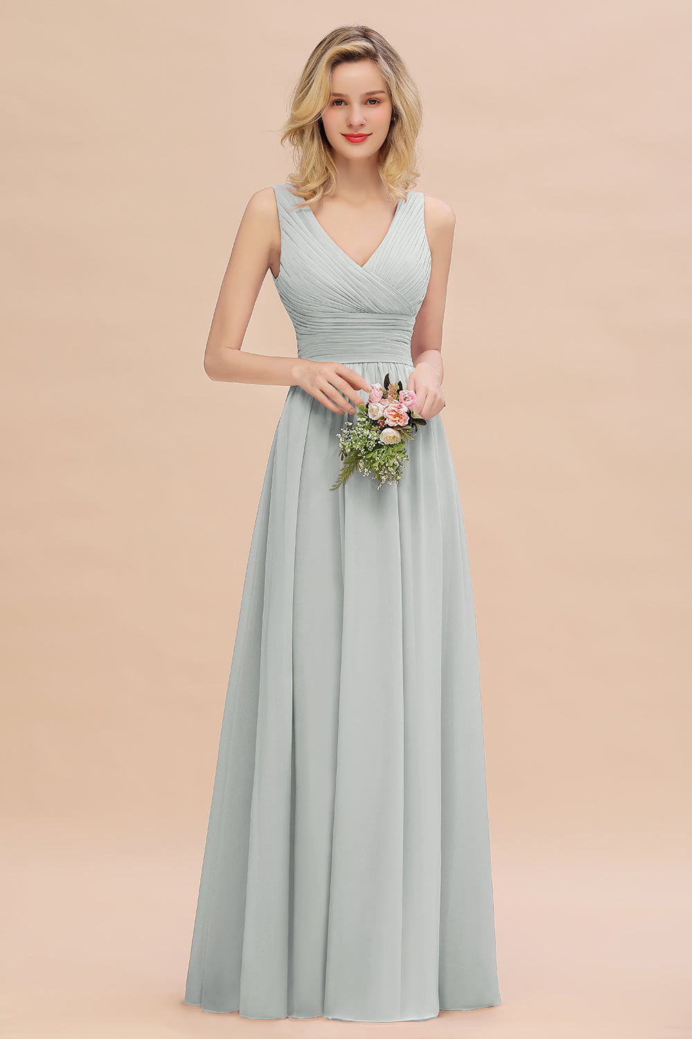 Elegant V-Neck Dusty Rose Chiffon Bridesmaid Dress with Ruffle