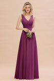 Elegant V-Neck Dusty Rose Chiffon Bridesmaid Dress with Ruffle
