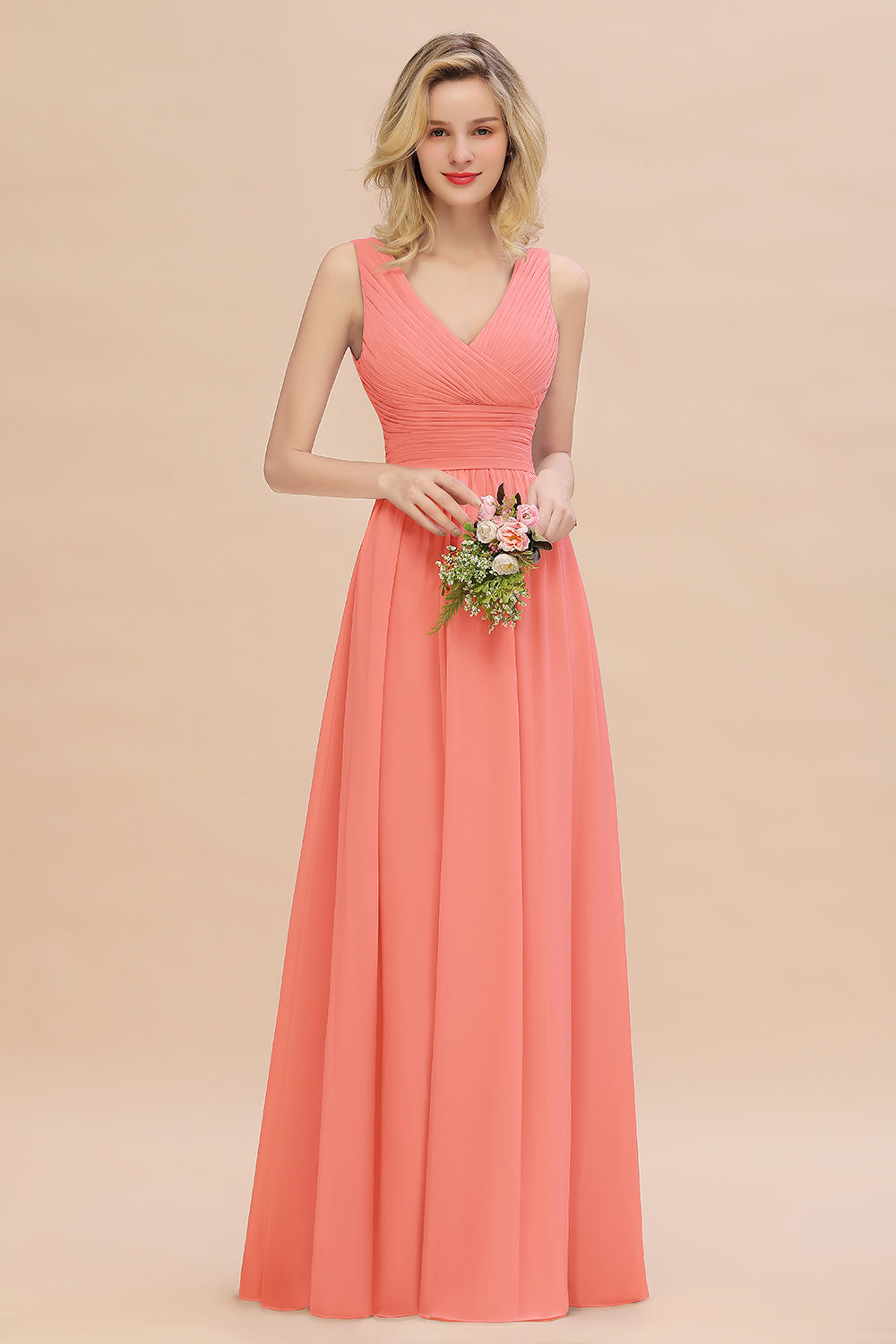 Elegant V-Neck Dusty Rose Chiffon Bridesmaid Dress with Ruffle