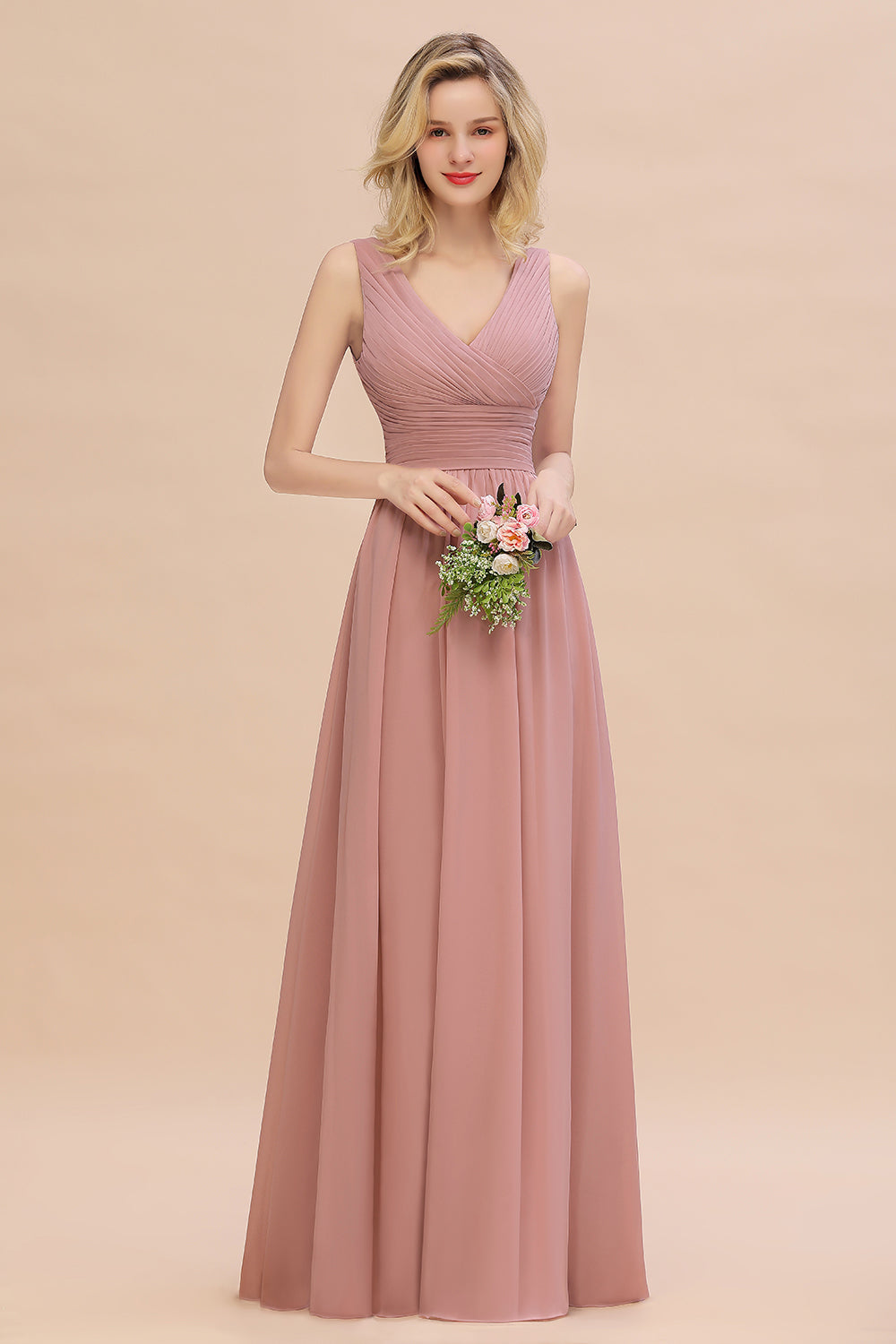 Elegant V-Neck Dusty Rose Chiffon Bridesmaid Dress with Ruffle