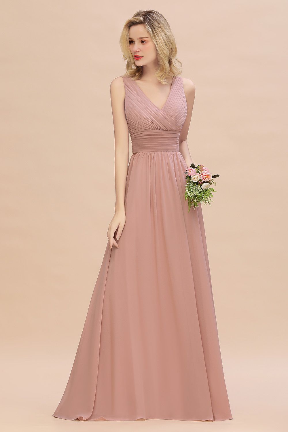 Elegant V-Neck Dusty Rose Chiffon Bridesmaid Dress with Ruffle