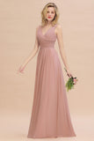 Elegant V-Neck Dusty Rose Chiffon Bridesmaid Dress with Ruffle