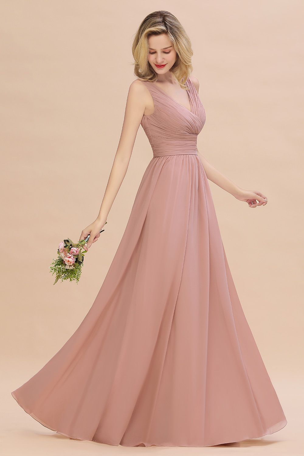 Elegant V-Neck Dusty Rose Chiffon Bridesmaid Dress with Ruffle