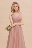 Elegant V-Neck Dusty Rose Chiffon Bridesmaid Dress with Ruffle