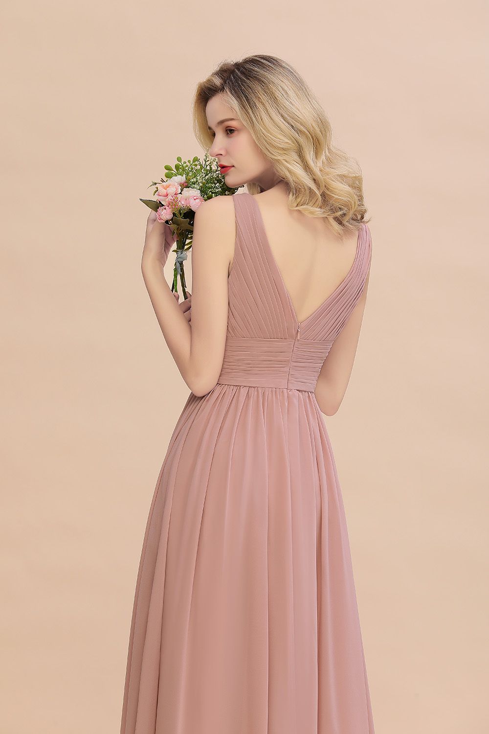 Elegant V-Neck Dusty Rose Chiffon Bridesmaid Dress with Ruffle