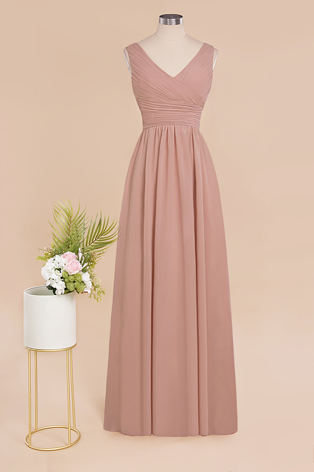 Elegant V-Neck Dusty Rose Chiffon Bridesmaid Dress with Ruffle