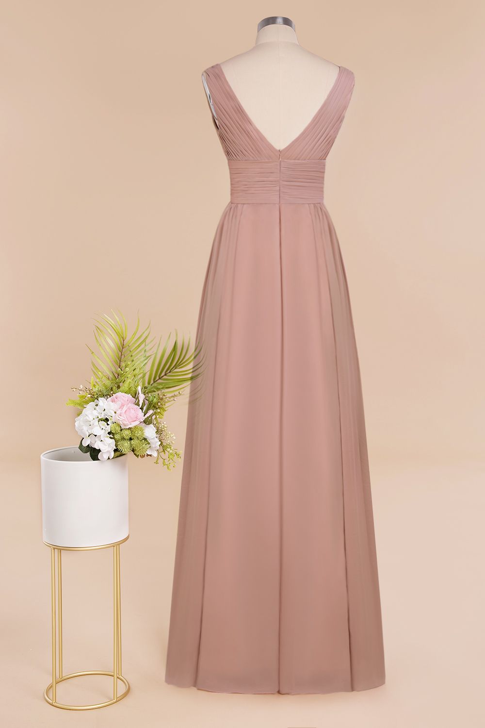 Elegant V-Neck Dusty Rose Chiffon Bridesmaid Dress with Ruffle