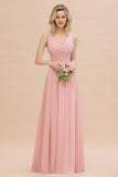 Elegant V-Neck Dusty Rose Chiffon Bridesmaid Dress with Ruffle