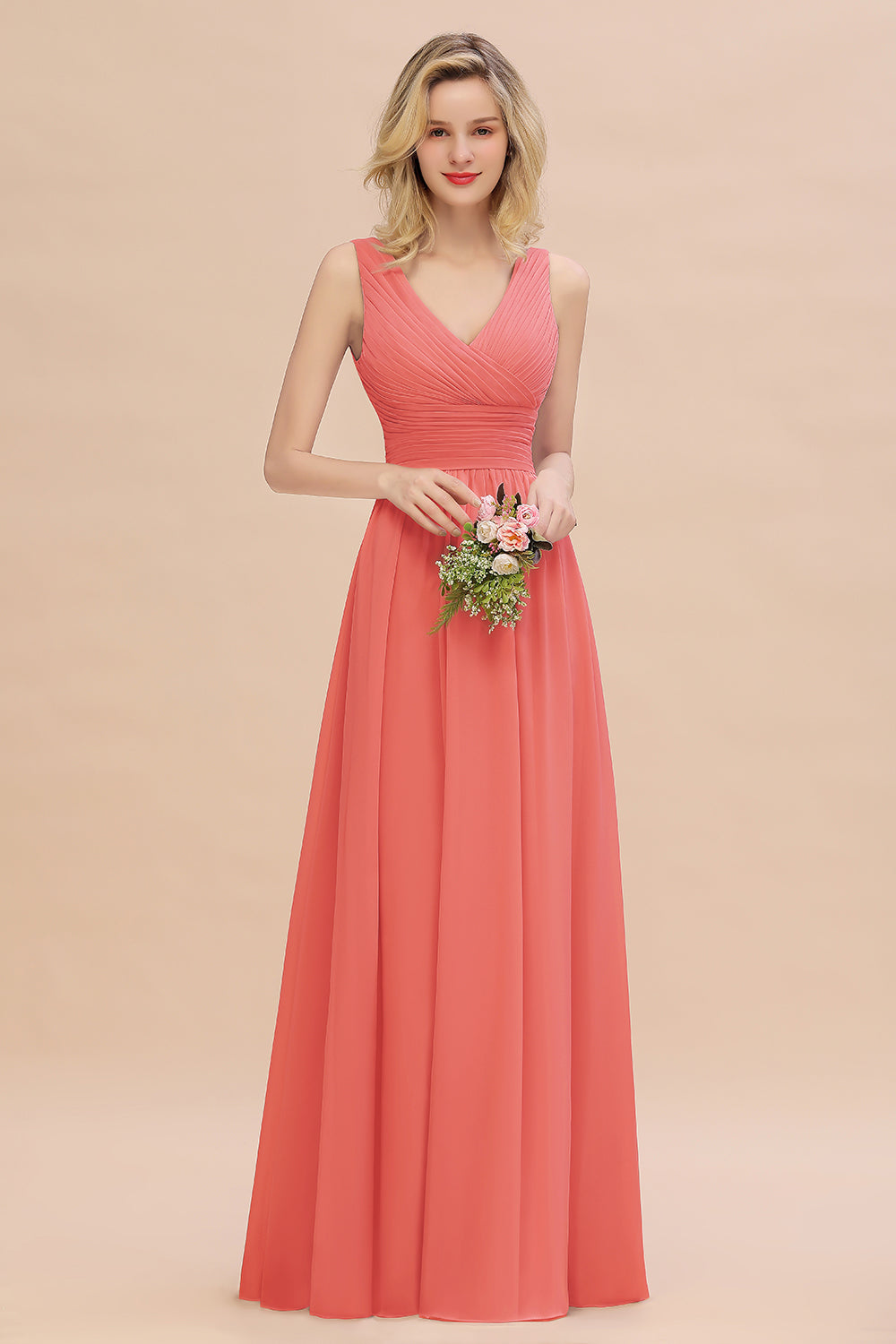 Elegant V-Neck Dusty Rose Chiffon Bridesmaid Dress with Ruffle