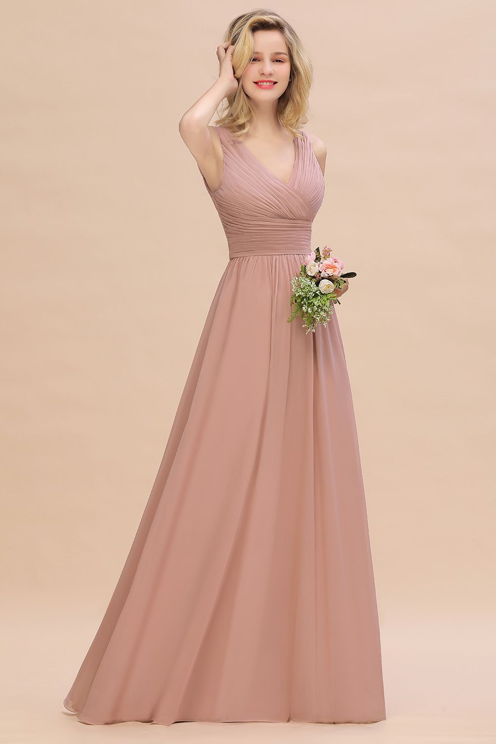 Elegant V-Neck Dusty Rose Chiffon Bridesmaid Dress with Ruffle