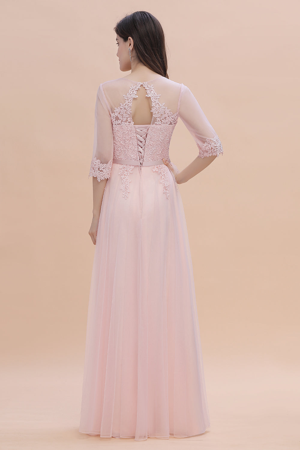 Elegant V-neck Half Sleeves Lace Pink Bridesmaid Dress On Sale