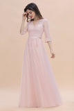Elegant V-neck Half Sleeves Lace Pink Bridesmaid Dress On Sale