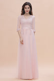 Elegant V-neck Half Sleeves Lace Pink Bridesmaid Dress On Sale