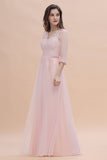 Elegant V-neck Half Sleeves Lace Pink Bridesmaid Dress On Sale