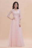 Elegant V-neck Half Sleeves Lace Pink Bridesmaid Dress On Sale