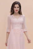 Elegant V-neck Half Sleeves Lace Pink Bridesmaid Dress On Sale