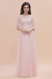 Elegant V-neck Half Sleeves Lace Pink Bridesmaid Dress On Sale