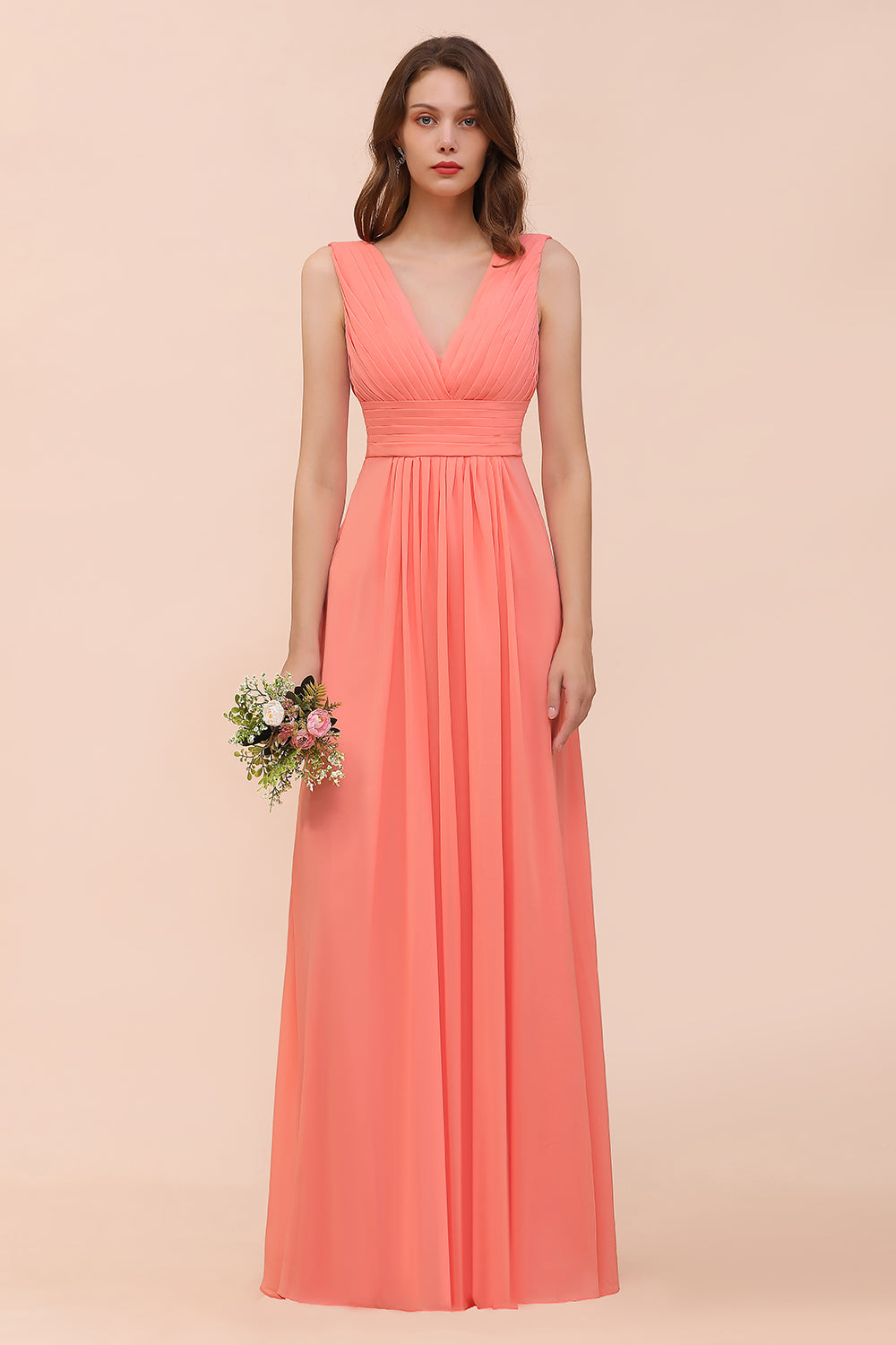 Elegant V-Neck Ruffle Coral Chiffon Affordable Bridesmaid Dresses Online