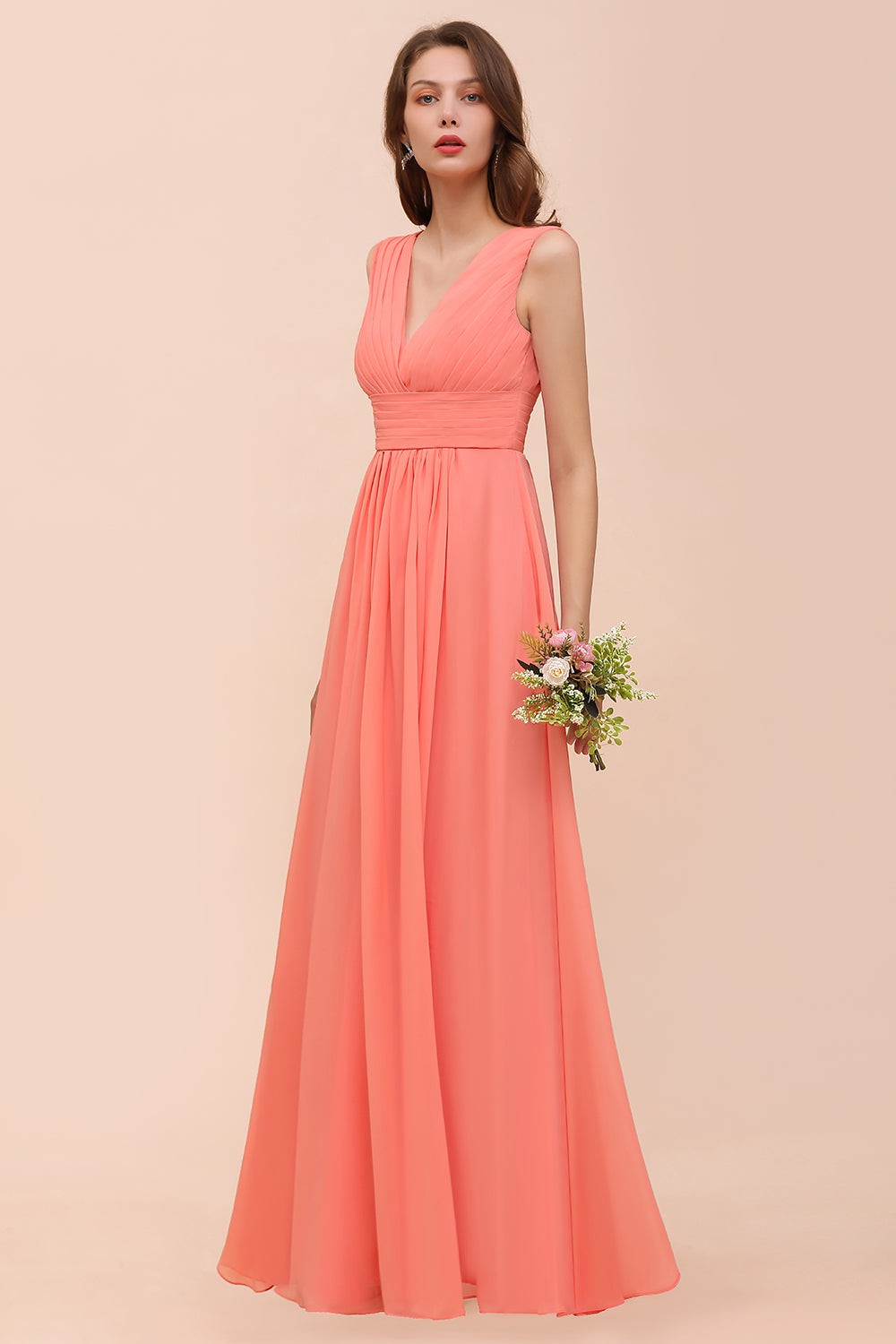 Elegant V-Neck Ruffle Coral Chiffon Affordable Bridesmaid Dresses Online