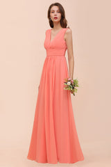 Elegant V-Neck Ruffle Coral Chiffon Affordable Bridesmaid Dresses Online