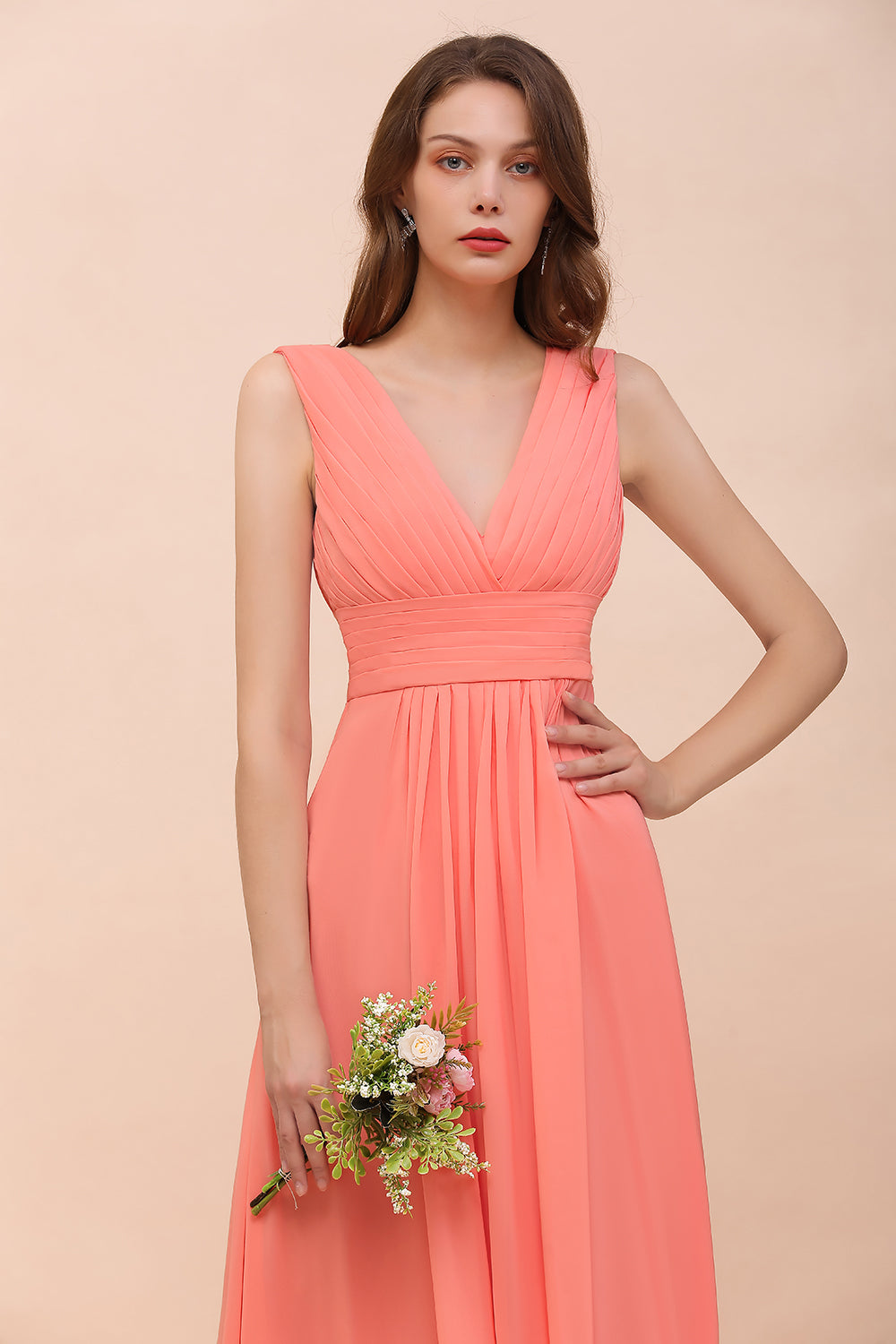 Elegant V-Neck Ruffle Coral Chiffon Affordable Bridesmaid Dresses Online