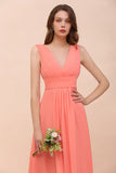 Elegant V-Neck Ruffle Coral Chiffon Affordable Bridesmaid Dresses Online