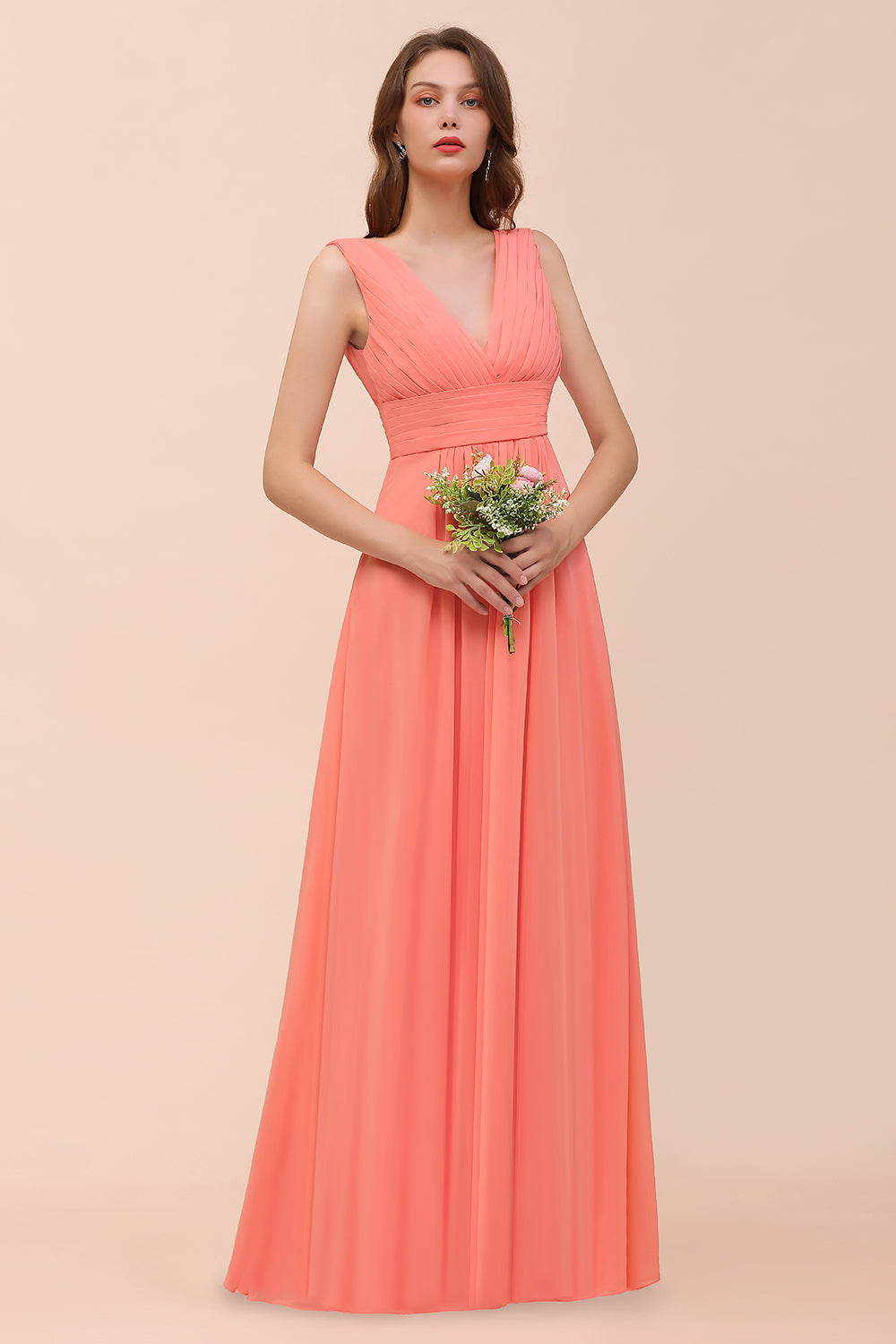 Elegant V-Neck Ruffle Coral Chiffon Affordable Bridesmaid Dresses Online