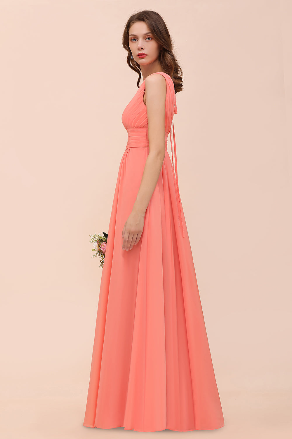 Elegant V-Neck Ruffle Coral Chiffon Affordable Bridesmaid Dresses Online