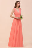 Elegant V-Neck Ruffle Coral Chiffon Affordable Bridesmaid Dresses Online