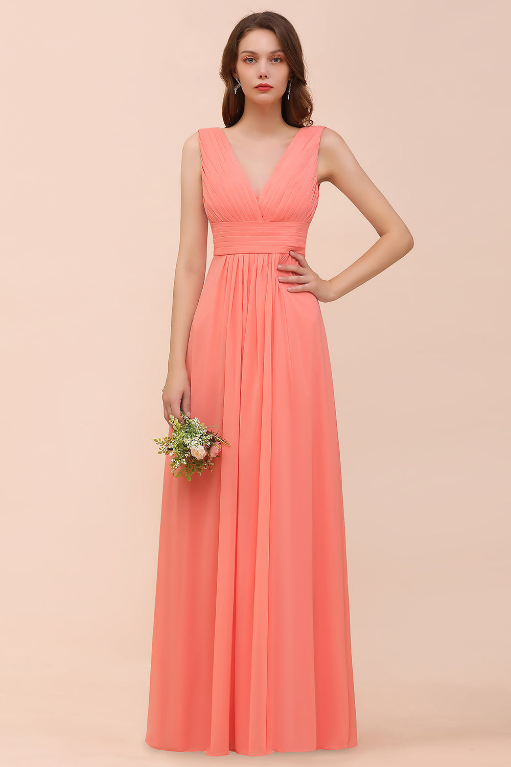 Elegant V-Neck Ruffle Coral Chiffon Affordable Bridesmaid Dresses Online