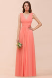 Elegant V-Neck Ruffle Coral Chiffon Affordable Bridesmaid dresses