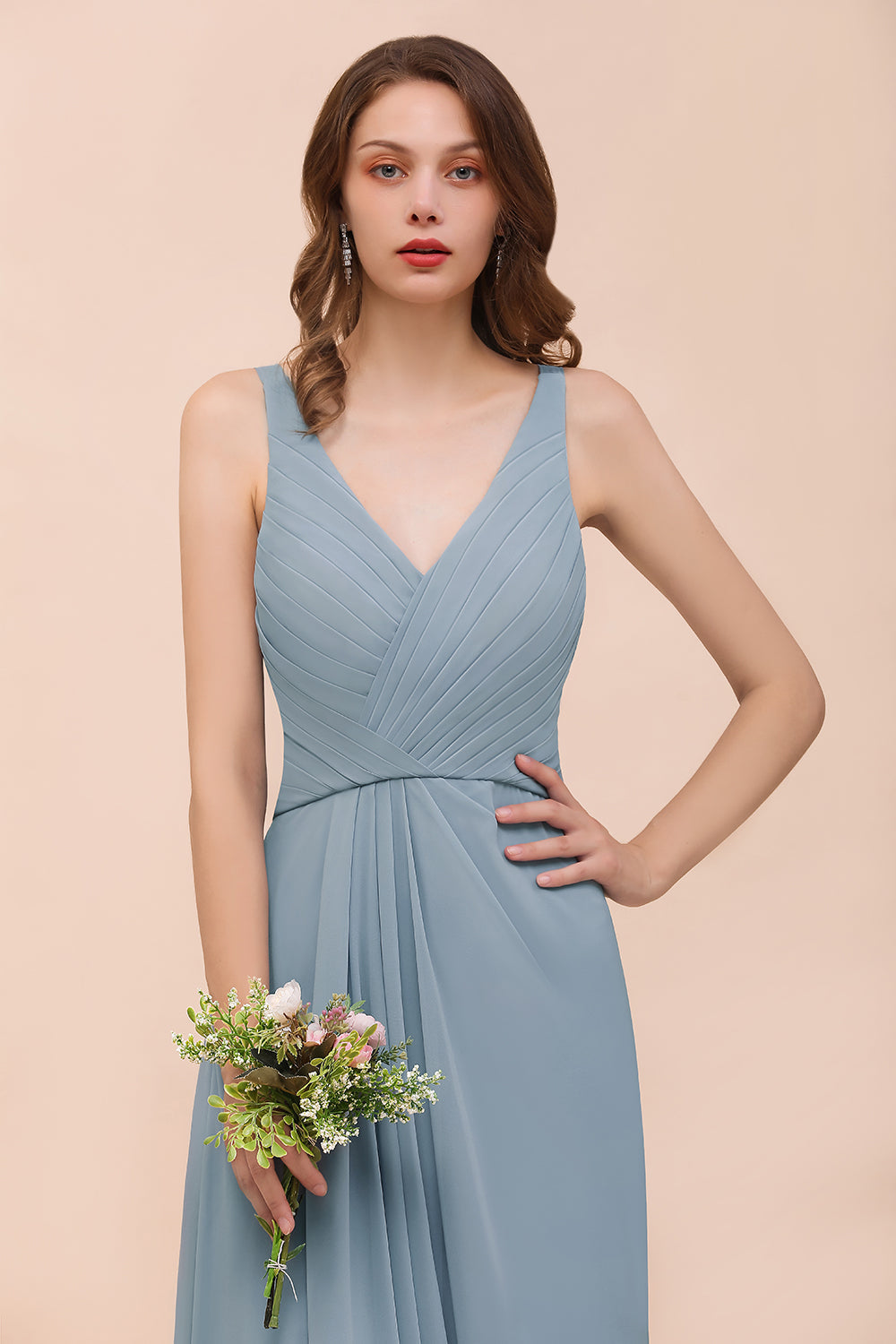 Elegant V-Neck Ruffle Dusty Blue Chiffon Bridesmaid Dresses Online