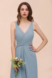 Elegant V-Neck Ruffle Dusty Blue Chiffon Bridesmaid Dresses Online
