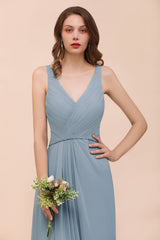 Elegant V-Neck Ruffle Dusty Blue Chiffon Bridesmaid Dresses Online