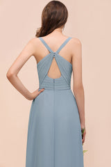 Elegant V-Neck Ruffle Dusty Blue Chiffon Bridesmaid Dresses Online