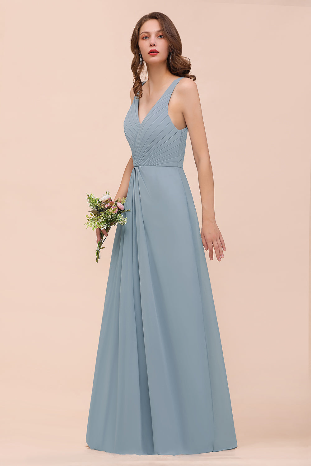 Elegant V-Neck Ruffle Dusty Blue Chiffon Bridesmaid Dresses Online