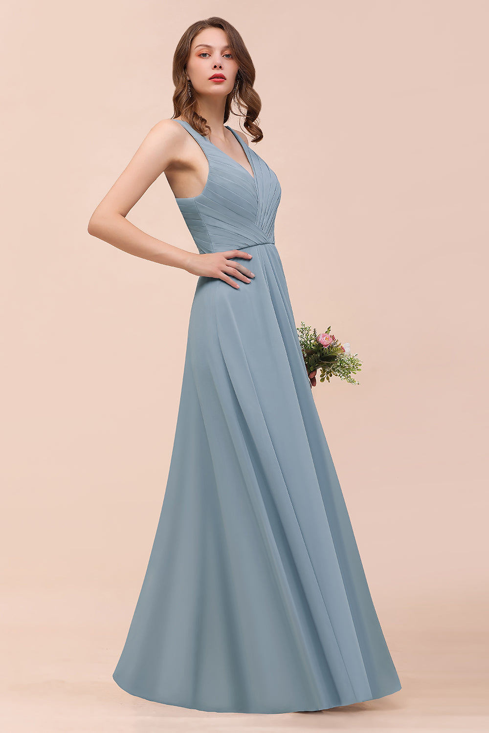 Elegant V-Neck Ruffle Dusty Blue Chiffon Bridesmaid Dresses Online