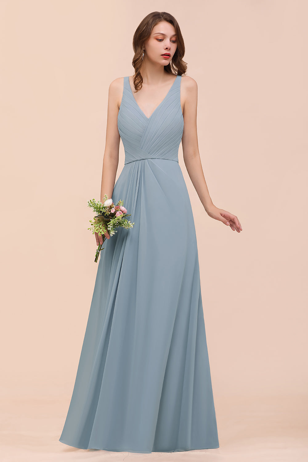 Elegant V-Neck Ruffle Dusty Blue Chiffon Bridesmaid Dresses Online